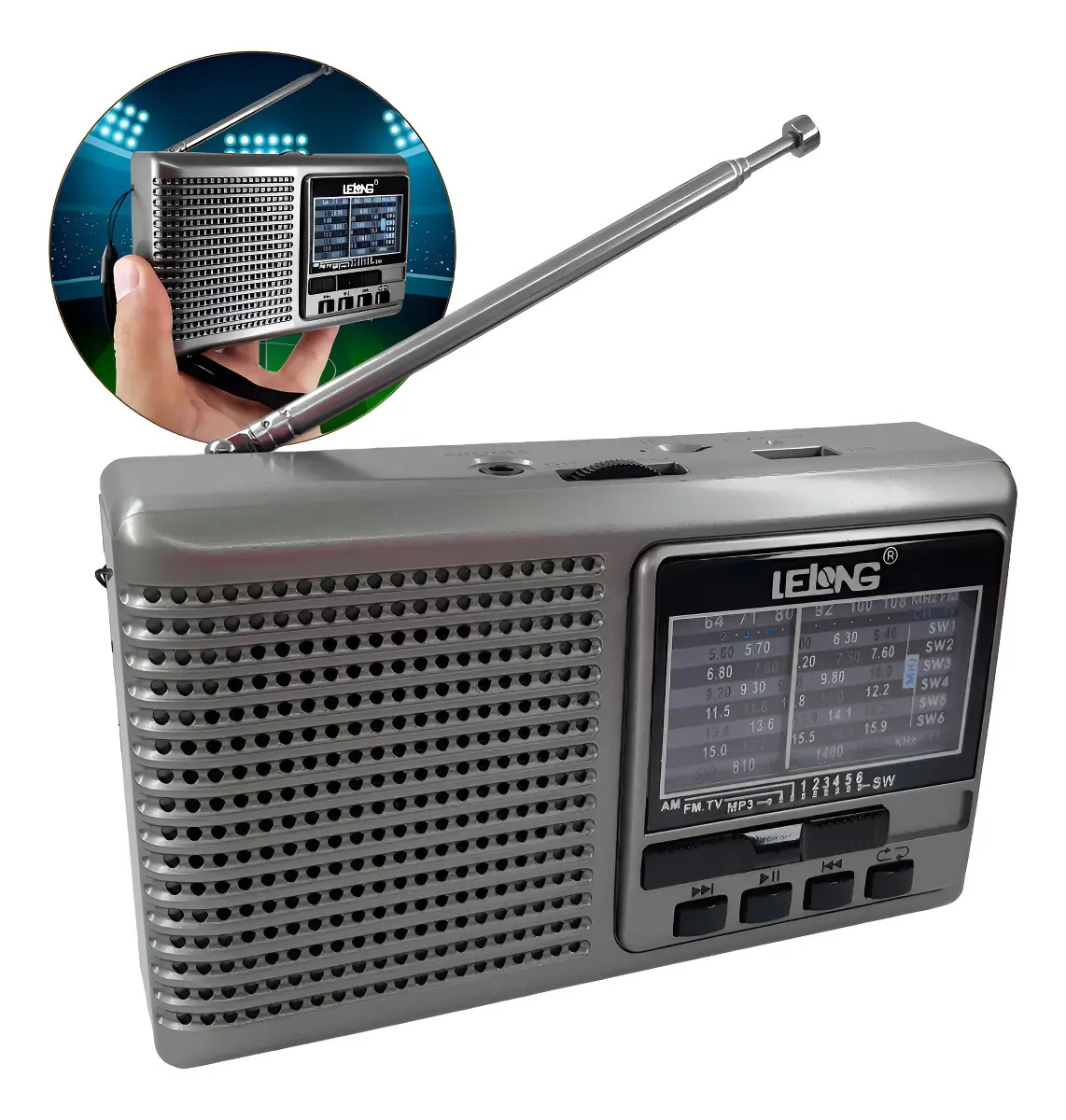 Rádio Multifaixas AM FM SW1-6 Lelong LE-676 com Lanterna e MP3
