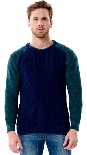 Sweater Hombre Pullover Bicolor De Lana Con Cuello Redondo