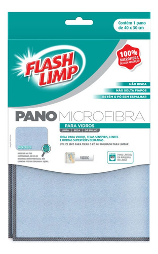 Pano De Microfibra Para Vidros 40x30cm - Flash Limp Cor Azul