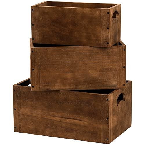 Set Of 3 Nesting Wooden Crates, Wood Crate Box With Han...