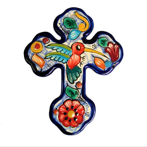 Cruz De 15 Cm Talavera 100% Orig. Con Dibujo De Colibrí 3 Pz