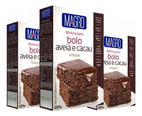 Kit Com 3 Bolo Integral Com Aveia E Cacau Magro 200g