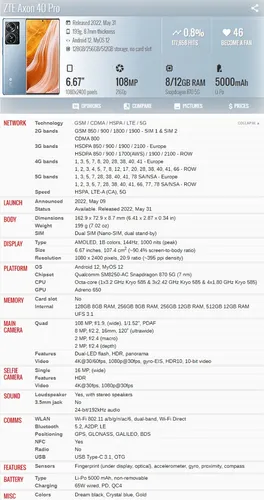 Zte Axon 40 Pro 5g A2023g 8gb 128gb Dual Sim Duos