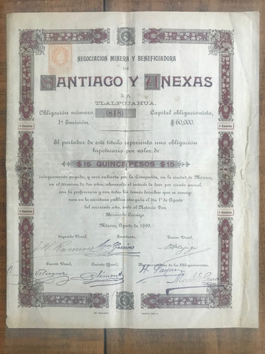 Acción/bono  Negociación Minera Y Benef. De Santiago - 1899