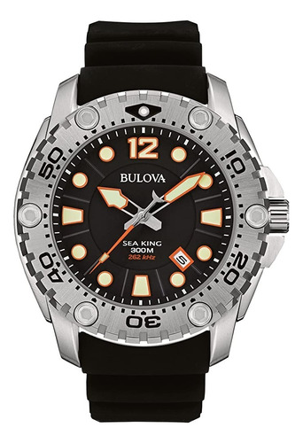 Reloj Bulova Caballero Marine Vintage 96b228 Sea King Zafiro Correa Negro Bisel Plateado Fondo Negro
