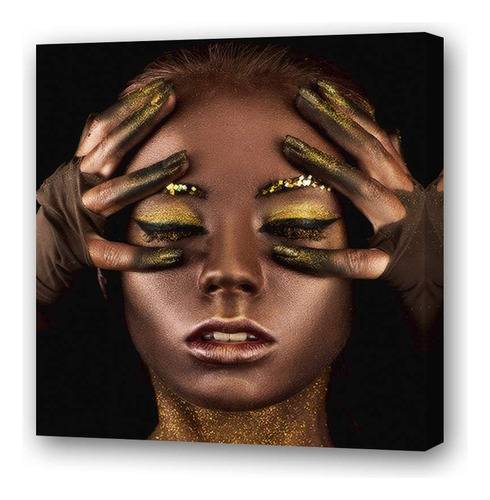 Cuadro 30x30cm Mujer Oro Manos En La Cara Maquillaje