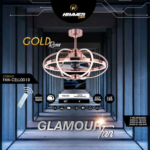 Imagen 3 de 4 de Ventilador De Techo Gold Roses 42puLG 3 Velocidades Hammer