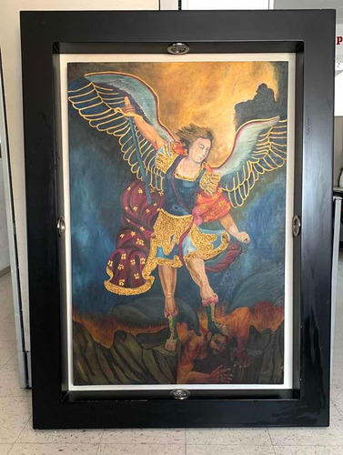 Pintura Al Óleo Grande Del Arcángel San Miguel, Marco Mdf