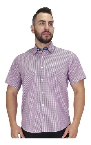 Camisa Masculina Fast Back Manga Curta Xadrez Rosa