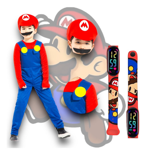 Disfraz Niño Mario Bross Y Luigi, Accesorios Incluidos + Reloj Digital De Regalo