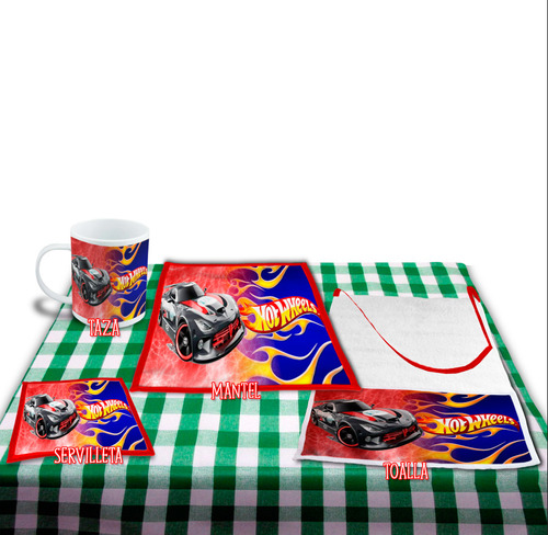 Set Jardin Hotwheels Toalla Mantelito Servilleta Taza