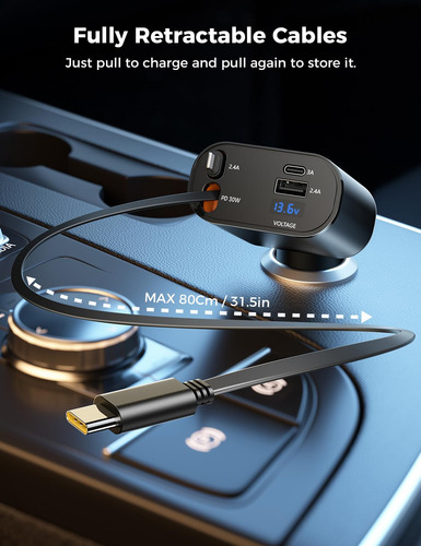 Cargador Retráctil 4 En 1 Para Automóvil Carga Rápida Usb C