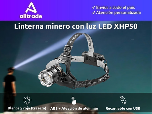 Imagen 2 de 10 de Linterna Minero Led Recargable Usb Vincha Potente 1200 Lum