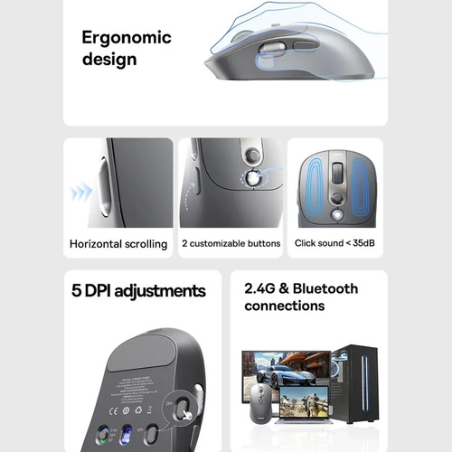 Mouse Sem Fio Baseus Bluetooth 4000dpi Longa Espera Recarreg Cinza