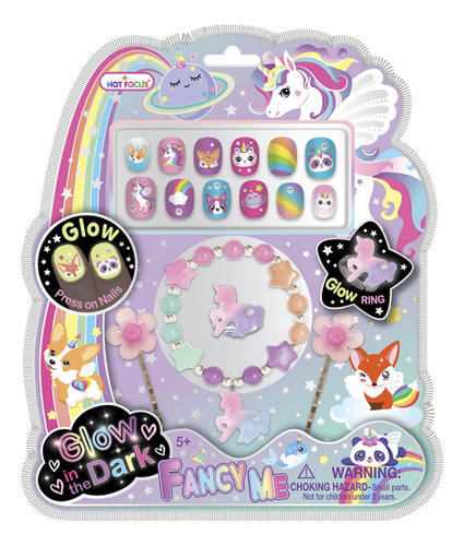 Kit Niña Glow In The Dark 12 Uñas + Anillo Pulsera Horquilla