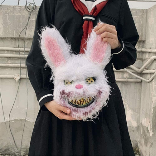 Mascara Disfraz Conejo Sangriento Peluche Halloween Resorte Color Blanco