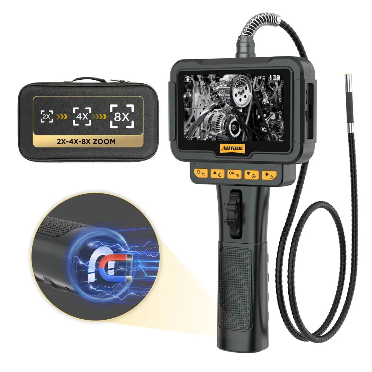 Endoscopio articulado Autool SVB208, sonda 6.25mm bidireccional 210°, pantalla IPS 4.3", zoom 8x, IP67, herramienta de inspección automotriz e industrial.