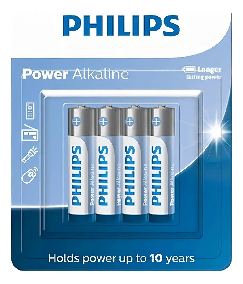 Pilha Philips Power Alkaline AAA Palito 1.5V Cartela C/4 Unidades Original