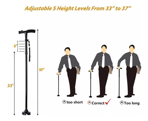 Bastón Plegable Ajustable Con Luz Led Y Base De 4 Puntos