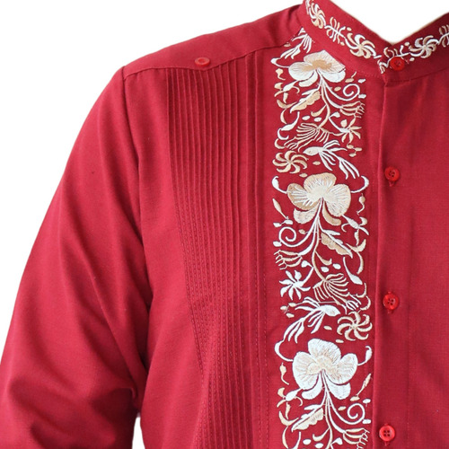 Guayabera Yucateca Modelo Colibrí Vino En Tela Lino Flame