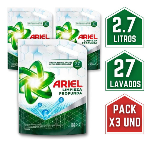 Detergente Liquido Ariel 2.7 Lts Limpieza Profunda Pack X3