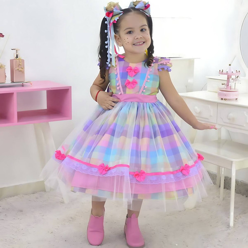 Vestido Infantil Junina São Joao Quadrilha + 2 Laços Cabelo