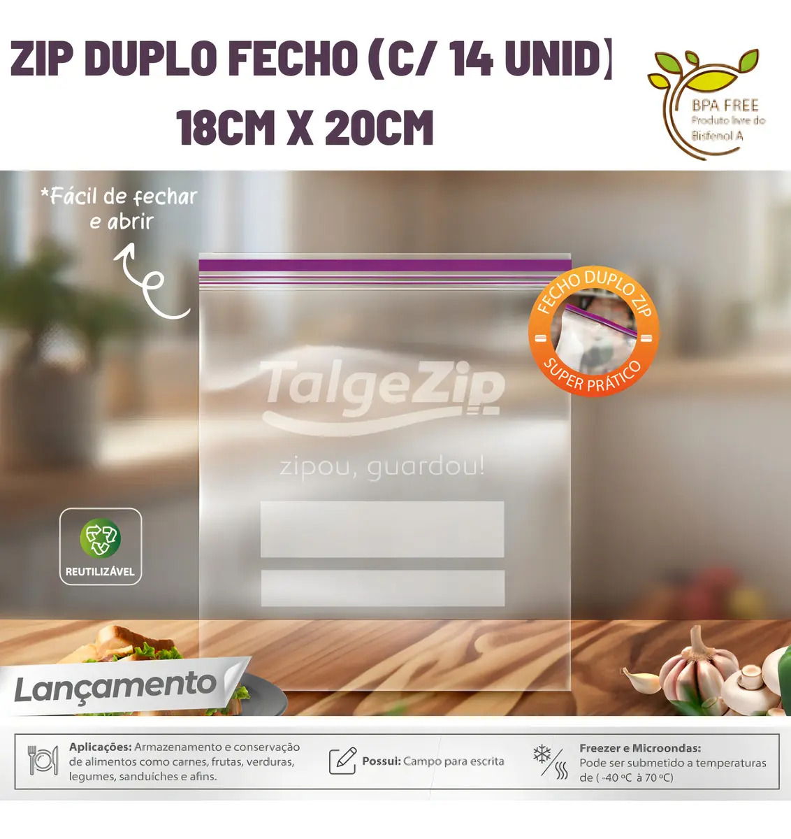 14 Sacos Zip Freezer/microondas C/ Fecho Duplo 18x20