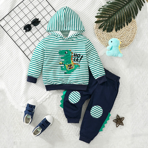 Conjunto De Sudadera Niño Con Diseño De Dinosaurios Y Rayas Verde Limón 2-3 Años