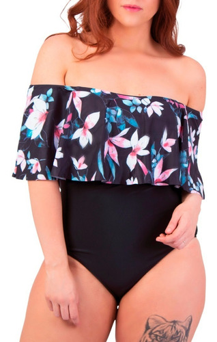 Imagen 1 de 4 de Traje De Baño Sin Hombros Negro Floral