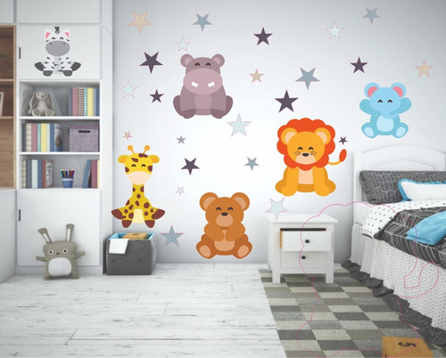 Vinilo Decorativo Infantil Bebe Animalitos Nordico Estrellas