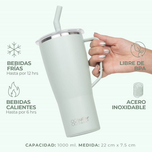 Vaso Termico Mug Tumbler Buffer 1lt Acero Inox Frio Calor Sage Green
