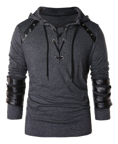 Medieval Vintage Gothic Leather Sleeve Lace Up Hoodie