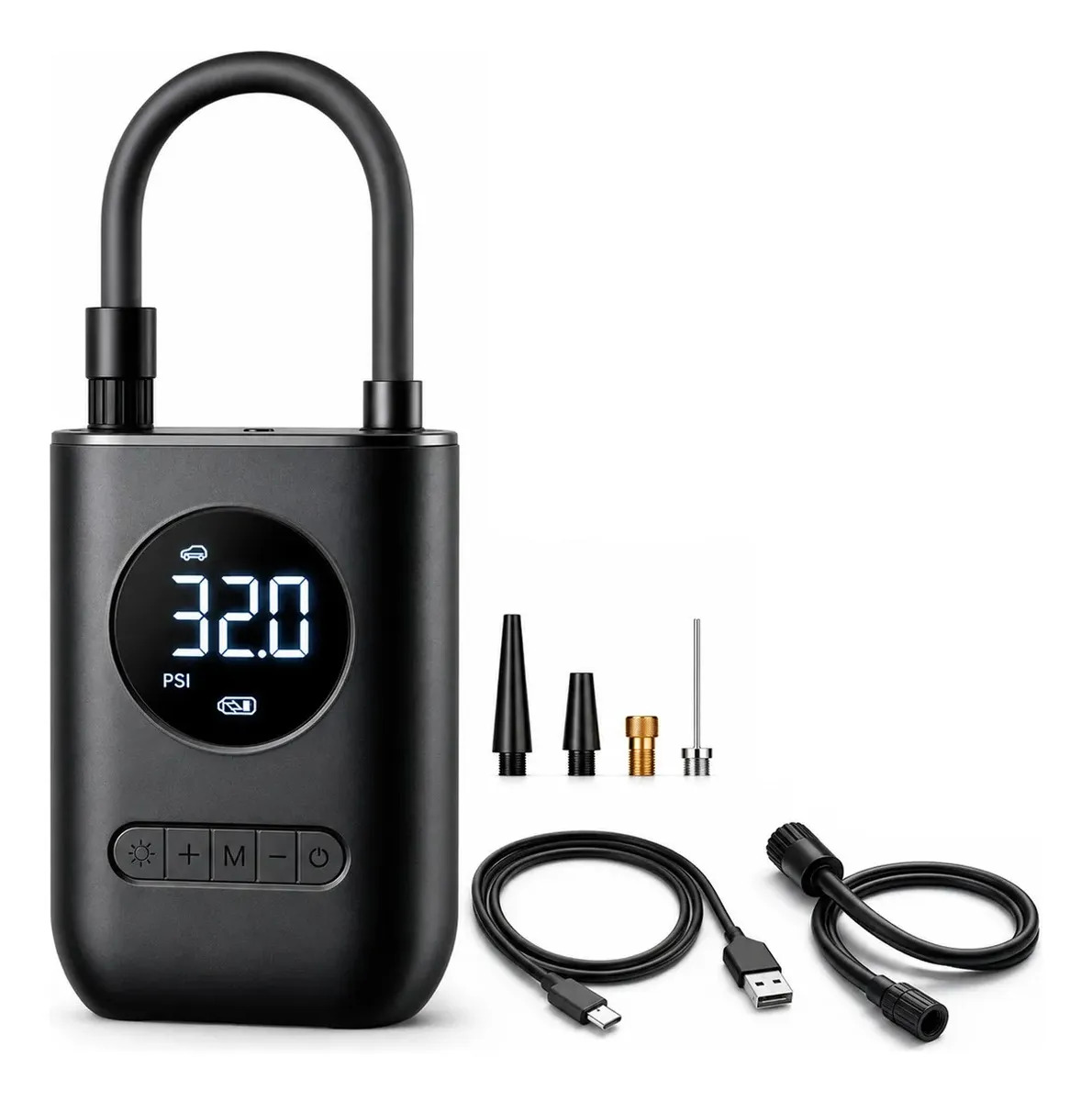 Mini Compressor Digital Portátil para Carro Moto e Bicicleta com Calibrador Digital Inflador Elétrico de Pneus LCD Lanterna LED Compacto e Recarregável Preto Marca Quicko