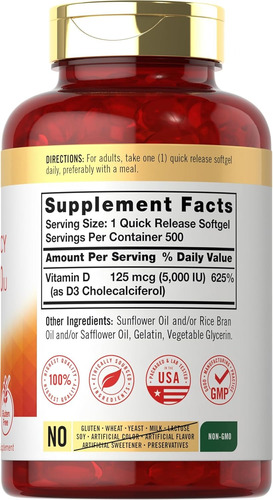 Carlyle Vitamina D3 5000 Iu 125 Mcg Con 500 Softgels Sin Sabor