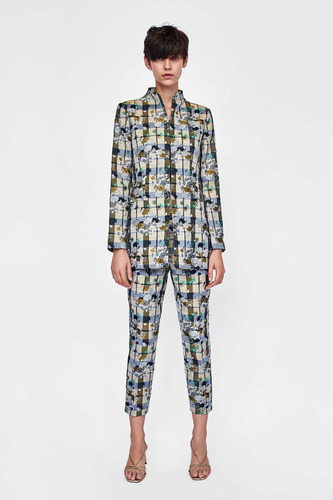 Pantalón Jacquard A Cuadros Estampado Zara Beige Negro
