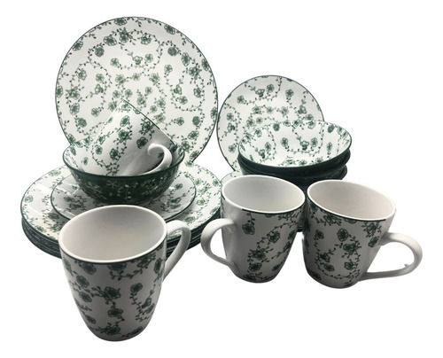 Vajilla 16 Piezas Cerámica Elegante Royal Haus Resistente Color Verde Floreado