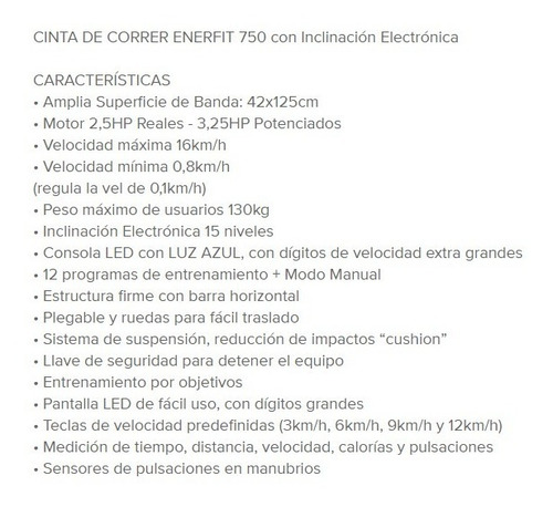 Cinta Caminadora Con Inclinación Electrónica Enerfit 750