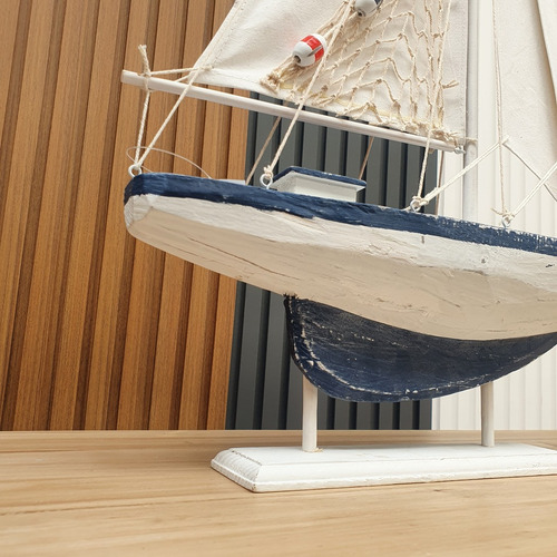 Velero Decorativo Madera Y Tela Estilo Náutico 62 Cm