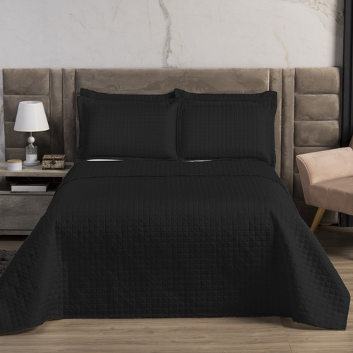 Cobre Leito Colcha Soft Queen 3 Peças Pastilhado Preto