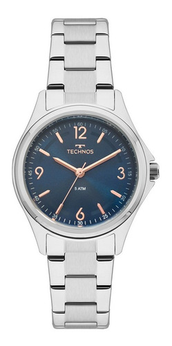 Relógio Feminino Technos Aço Prata Azul Original Barato