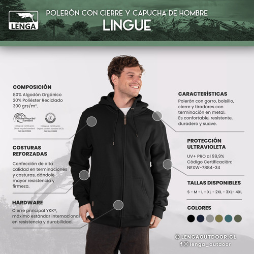 Polerón Con Capucha Y Cierre Ykk® Hombre Lingue Lenga®
