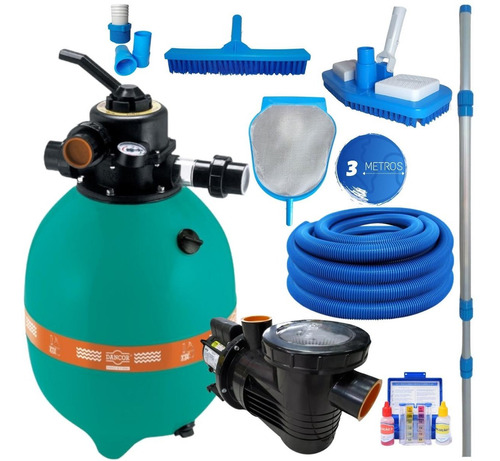 Kit Filtrante Piscina 56mil Litros Teste Ph Peneira Escova