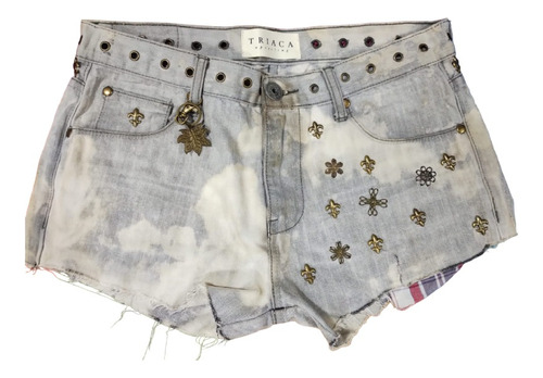 Short De Jeans Con Tachas Flor De Lis - Talla S