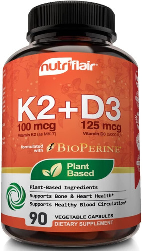 Vitamina K2 + D3 100mcg 125mcg 5000iu 2 En 1 90 Caps Veganas Sabor Sin sabor