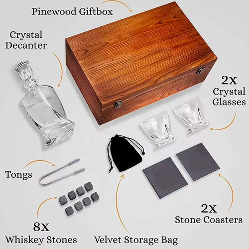 Decanter Whisky Conjunto Garrafa Com 2 Copos Caixa Madeira