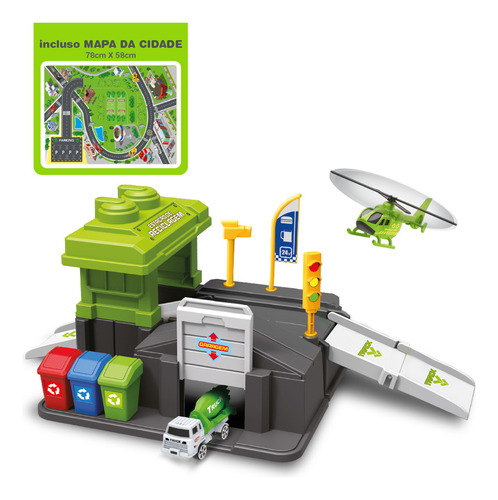 Estação De Reciclagem 23 Com Caminhão E Helicoptero Cor Verde
