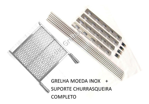 Imagem 2 de 4 de Grelha Moeda 70cm + Suporte Churrasqueira Barras Inox 100cm