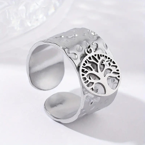 Anillo Abierto Acero Inoxidable Árbol De La Vida Ajustable