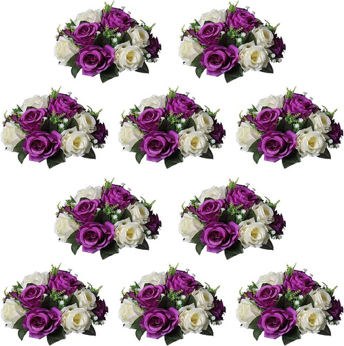 Flores Artificiales 15 Cabezas De Rosas Purp Y Bla Pack 10u.