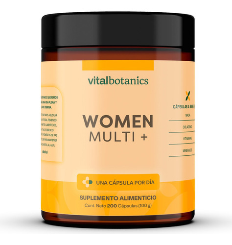 Multivitamínico para Mujer Women Multi + con 200 capsulas a base de Colágeno Hidrolizado, Ácido Fólico, Biotina, Complejo B, Calcio, Hierro, Maca, Magnesio, Vitamina D (400 IU) y Zinc | VitalBotanics